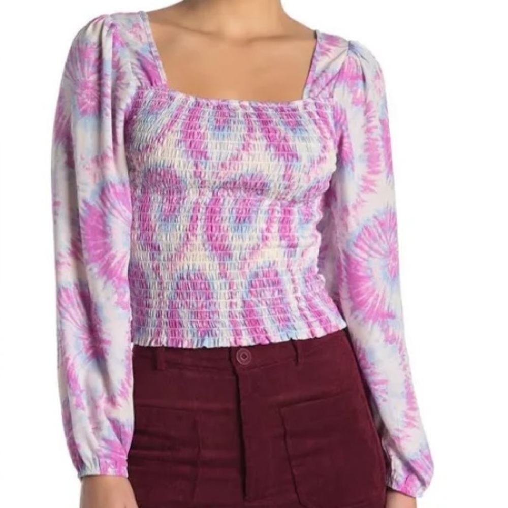 NWT! Good Luck Gem Smocked Long Sleeve Top Blue Magenta Tie Die Large